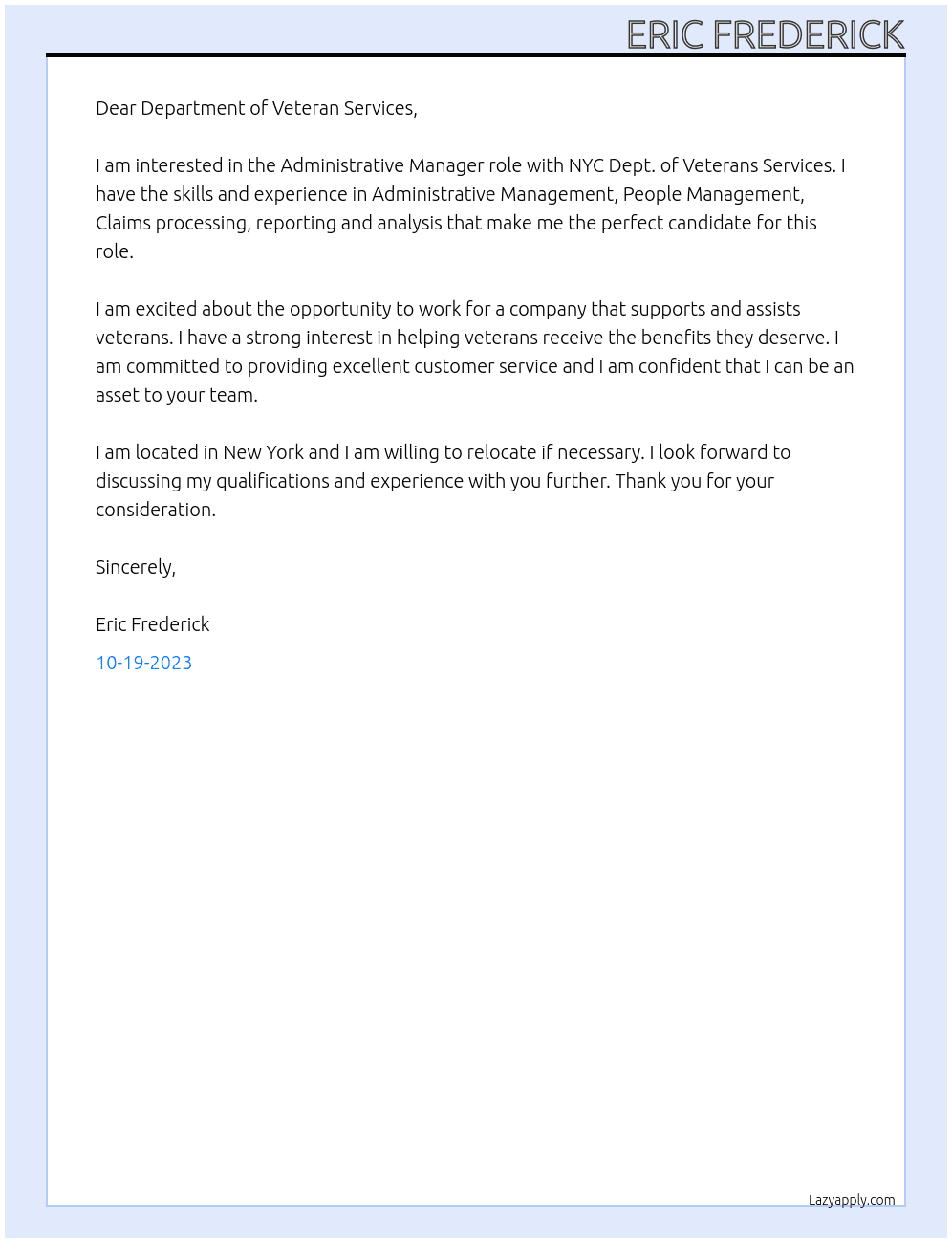 Administrative Manager At NYC Dept. of Veterans Services Cover Letter