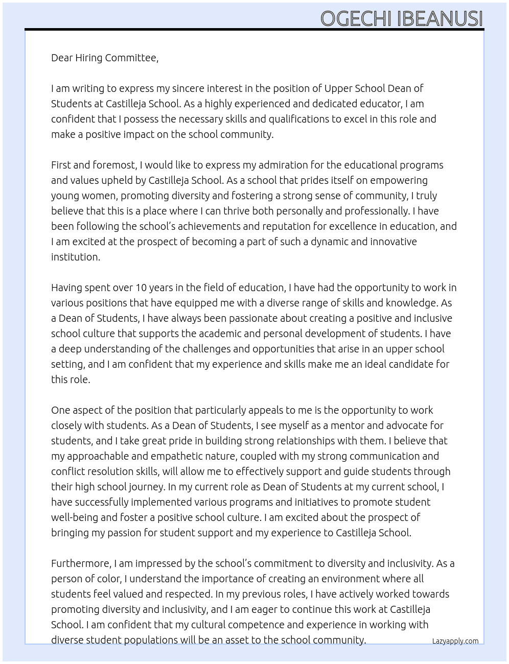 Upper School Dean of Students At Castilleja School Cover Letter