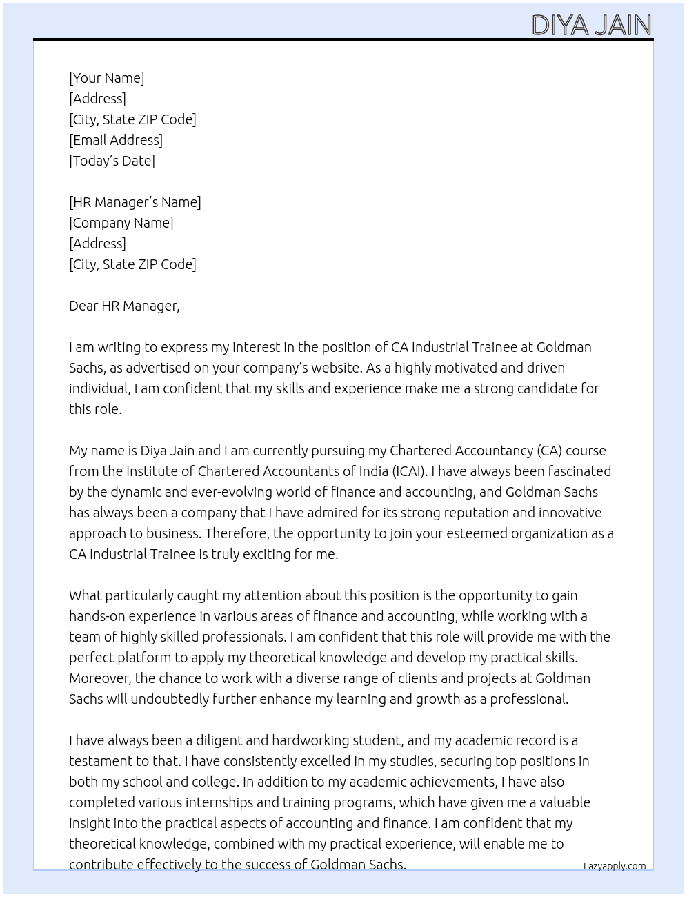CA INDUSTRIAL TRAINEE At GOLDMAN SACHS Cover Letter