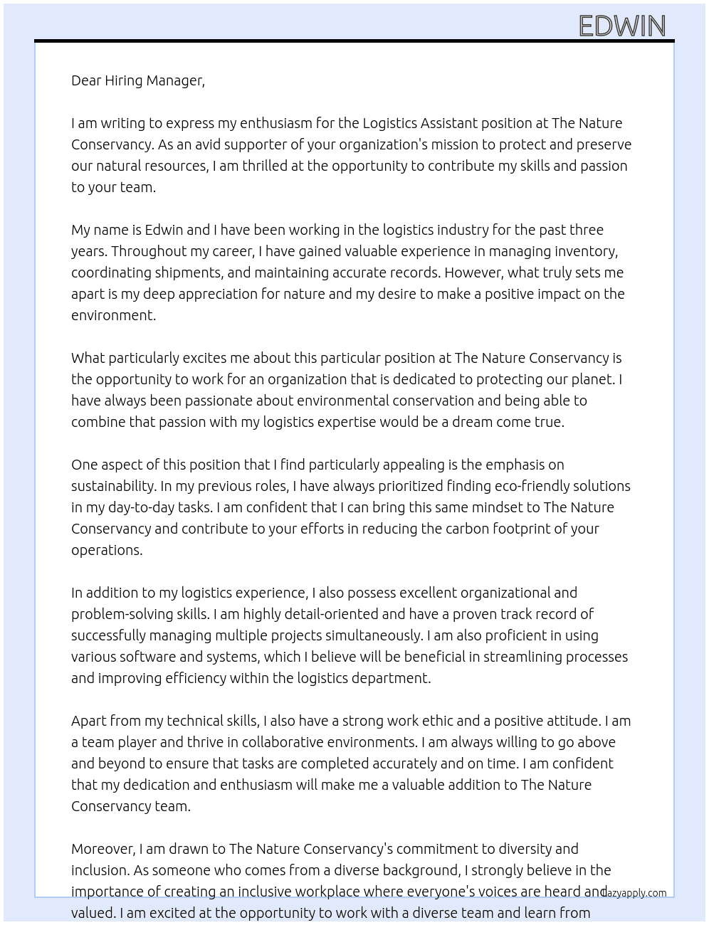 Logistics assistant  At The Nature Conservancy  Cover Letter