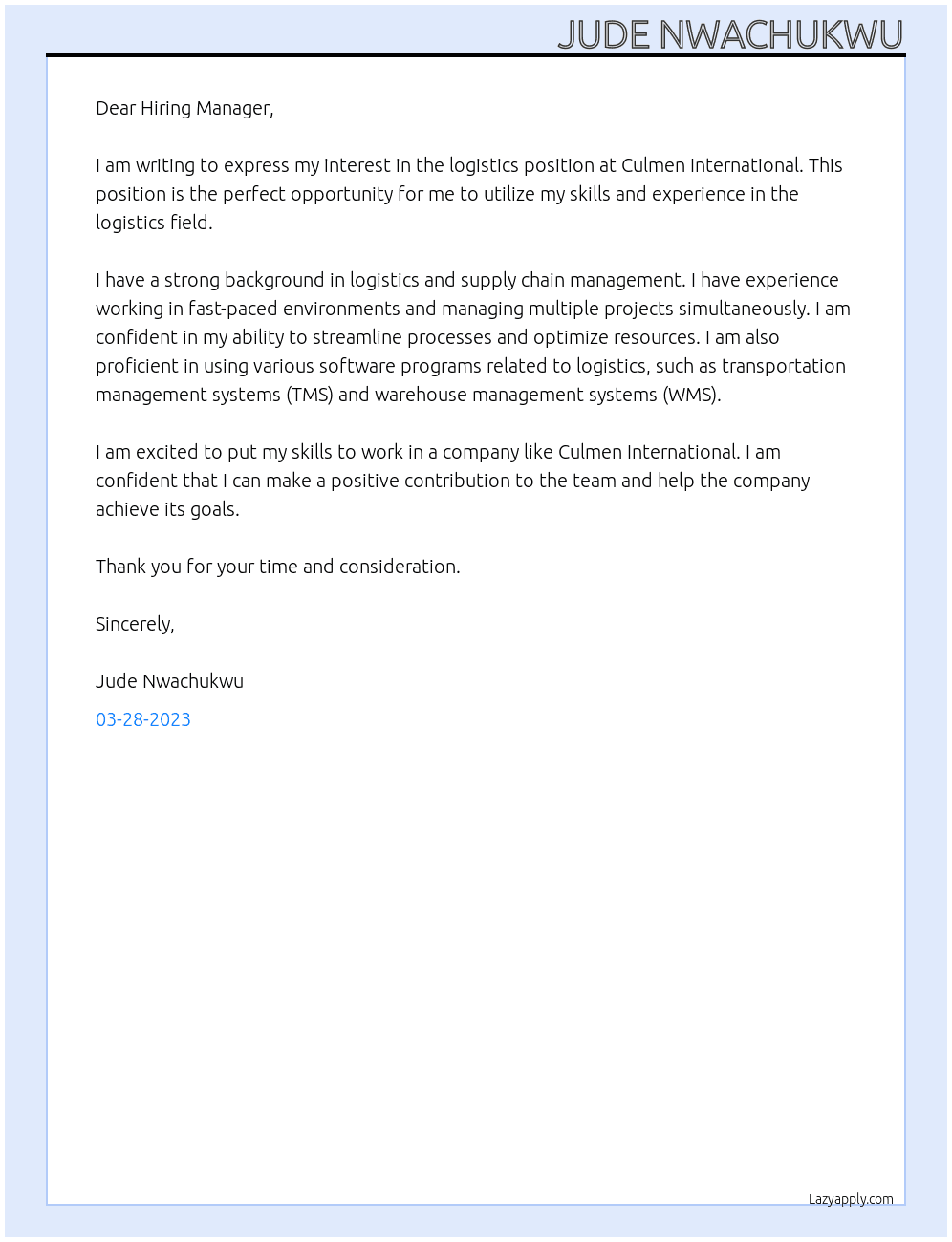 Logistics  At Culmen International Cover Letter