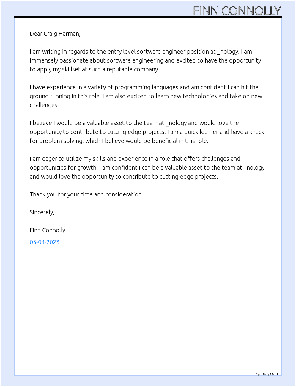 Entry Level Software Engineer At _nology Cover Letter
