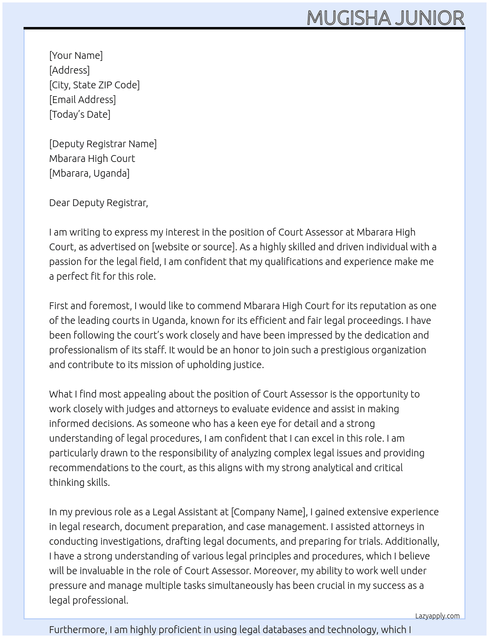 COURT ASSESSOR At MBARARA HIGH COURT Cover Letter