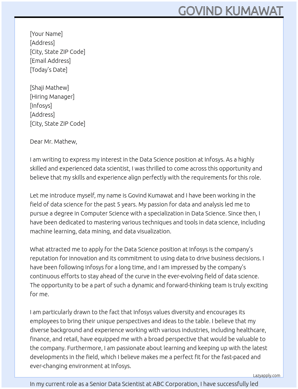 Data science At infosys Cover Letter