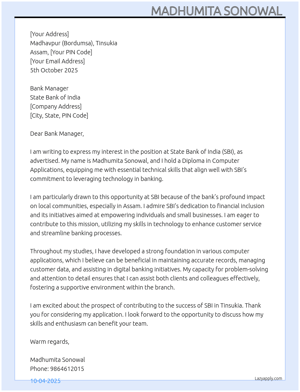 Sbi bank requirements  At State Bank of India  Cover Letter