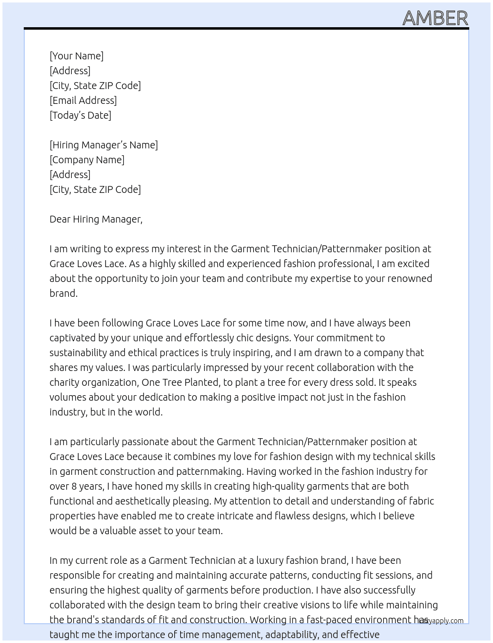 Garment Technician / Patternmaker At Grace Loves Lace Cover Letter