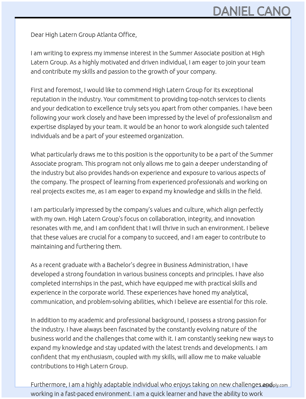 Summer Associate  At High Latern Group Cover Letter
