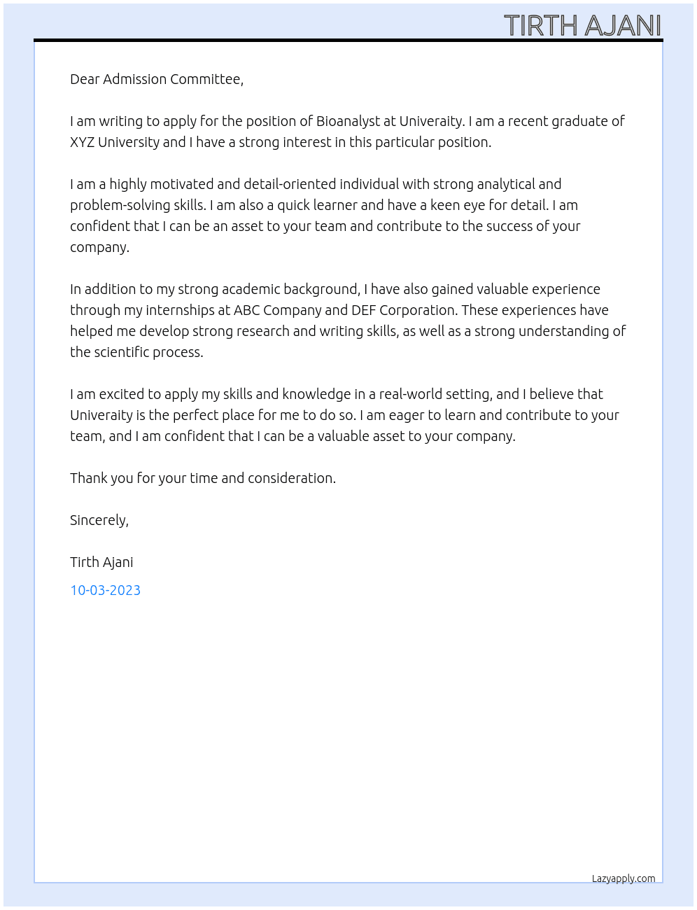 Bioanalyst At Univeraity Cover Letter