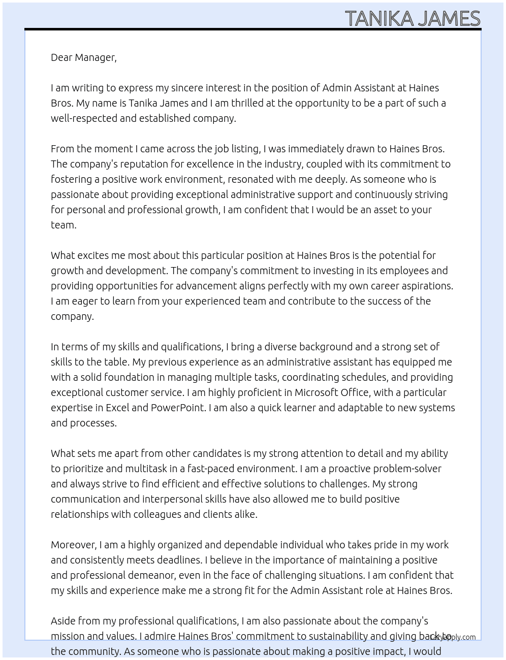 Admin assistant  At Haines bros Cover Letter