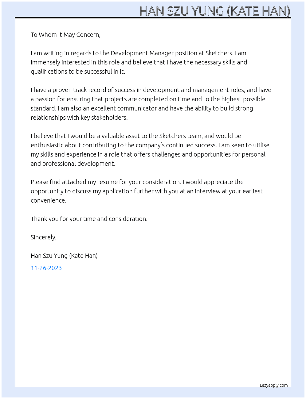 Development Manager At Sketchers Cover Letter