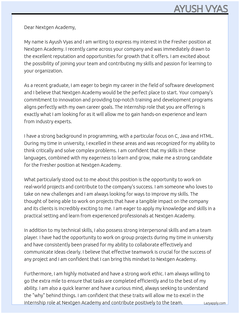Fresher At Nextgen Academy Cover Letter