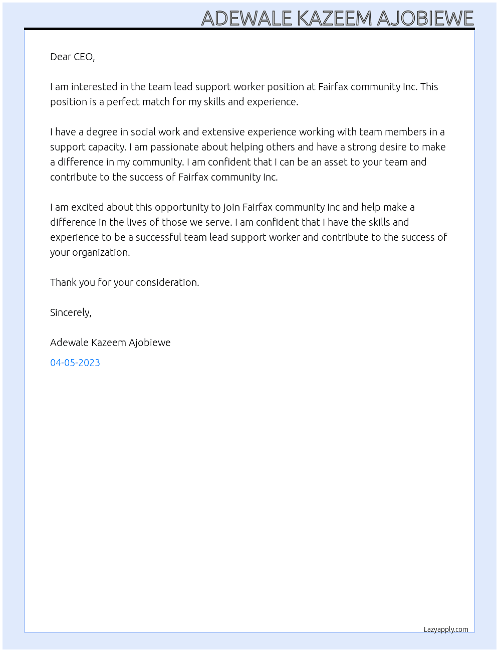 Team lead support worker At Fairfax community Inc. Cover Letter