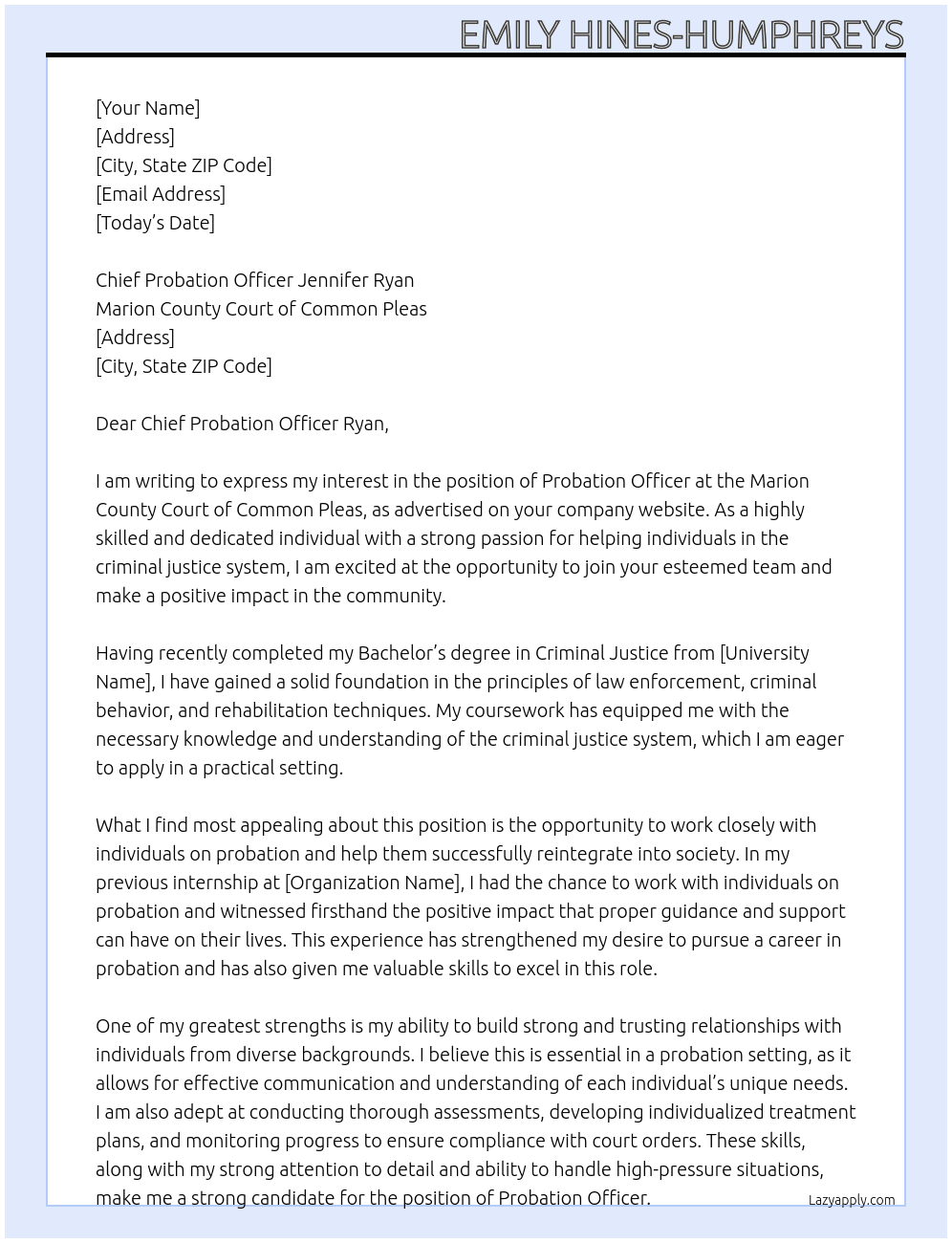 Probation Officer At Marion County Court of Common Pleas Cover Letter