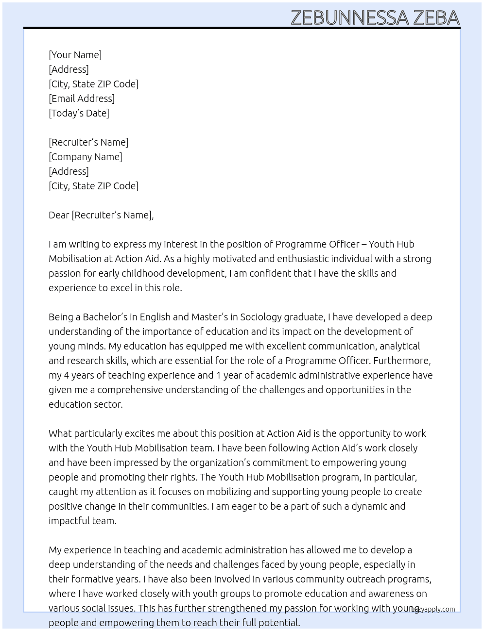 Programme Officer - Youth Hub Mobilisation At Action Aid Cover Letter