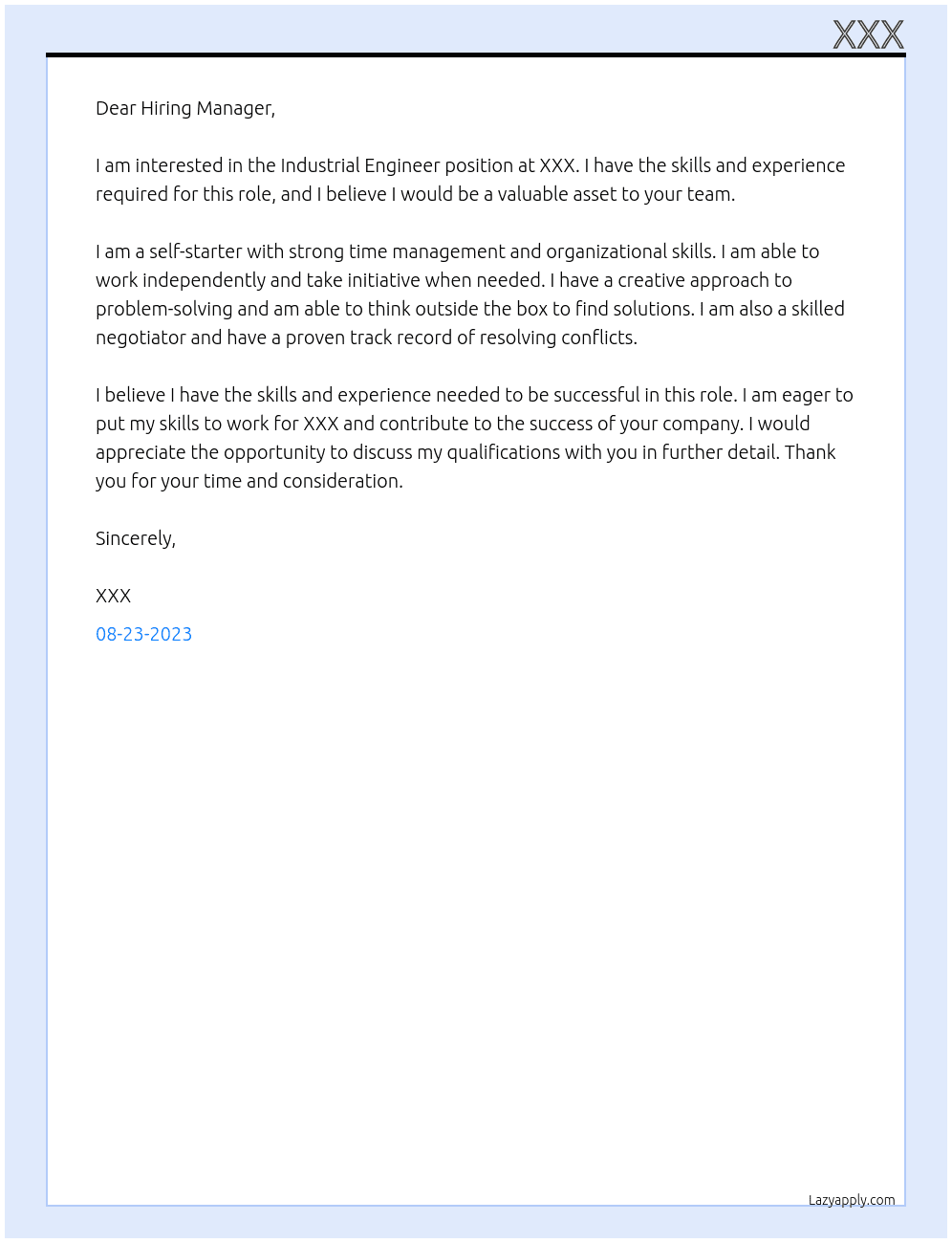 Industrial Engineer At XXX Cover Letter
