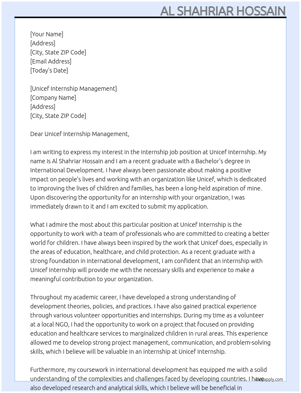 internship job  At unicef Internship Cover Letter