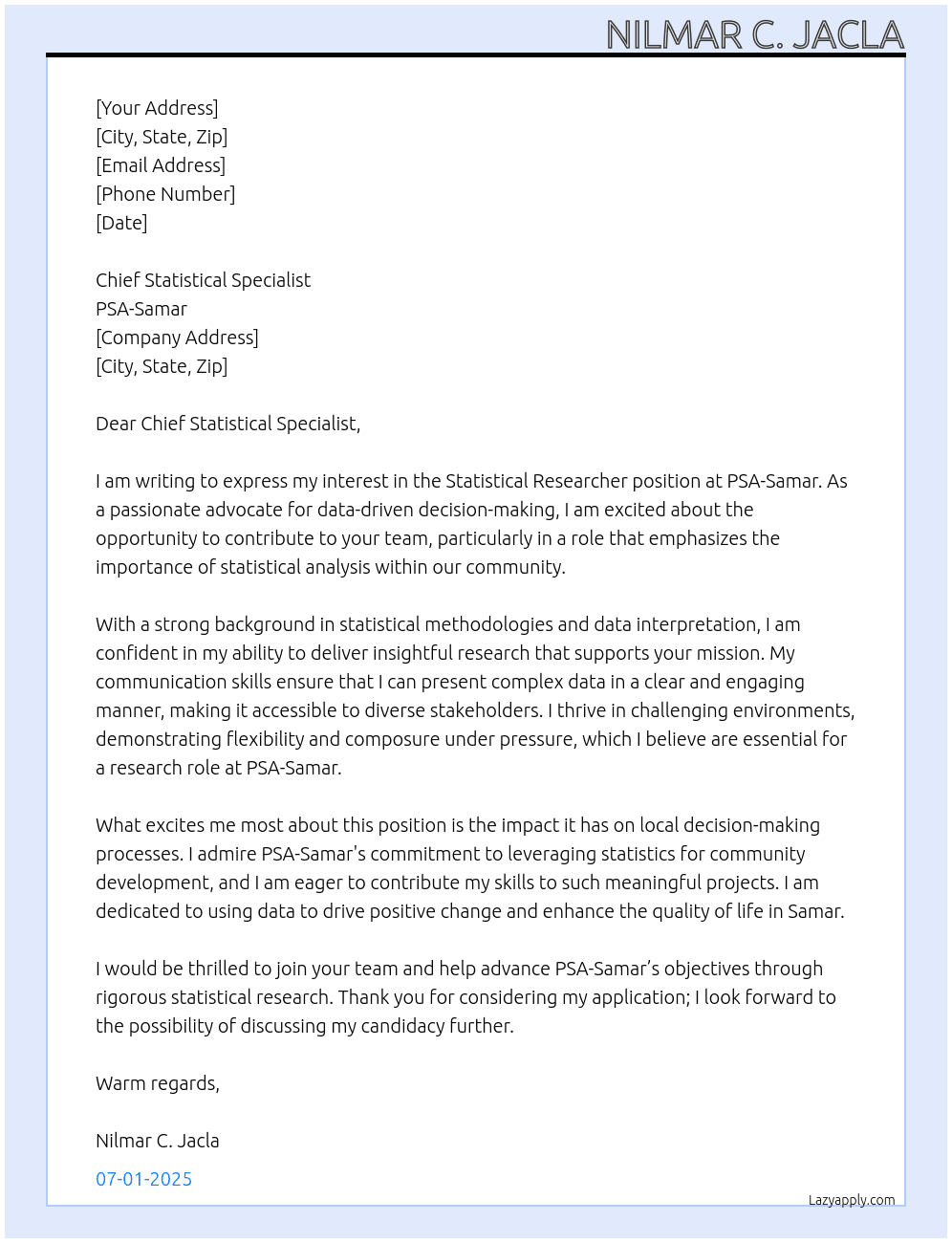 Statistical Researcher At PSA-Samar Cover Letter