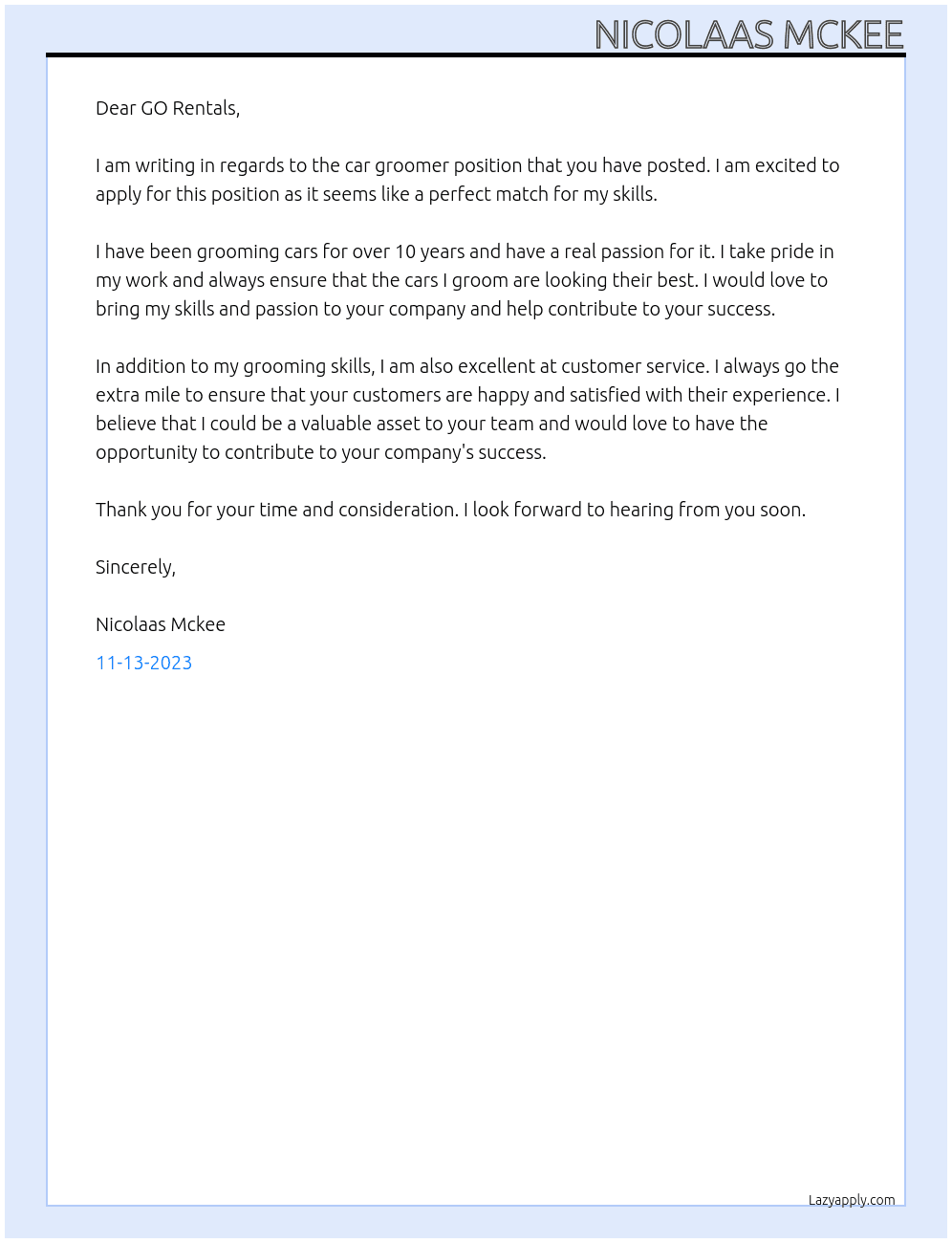 Car Groomer At GO Rentals Cover Letter