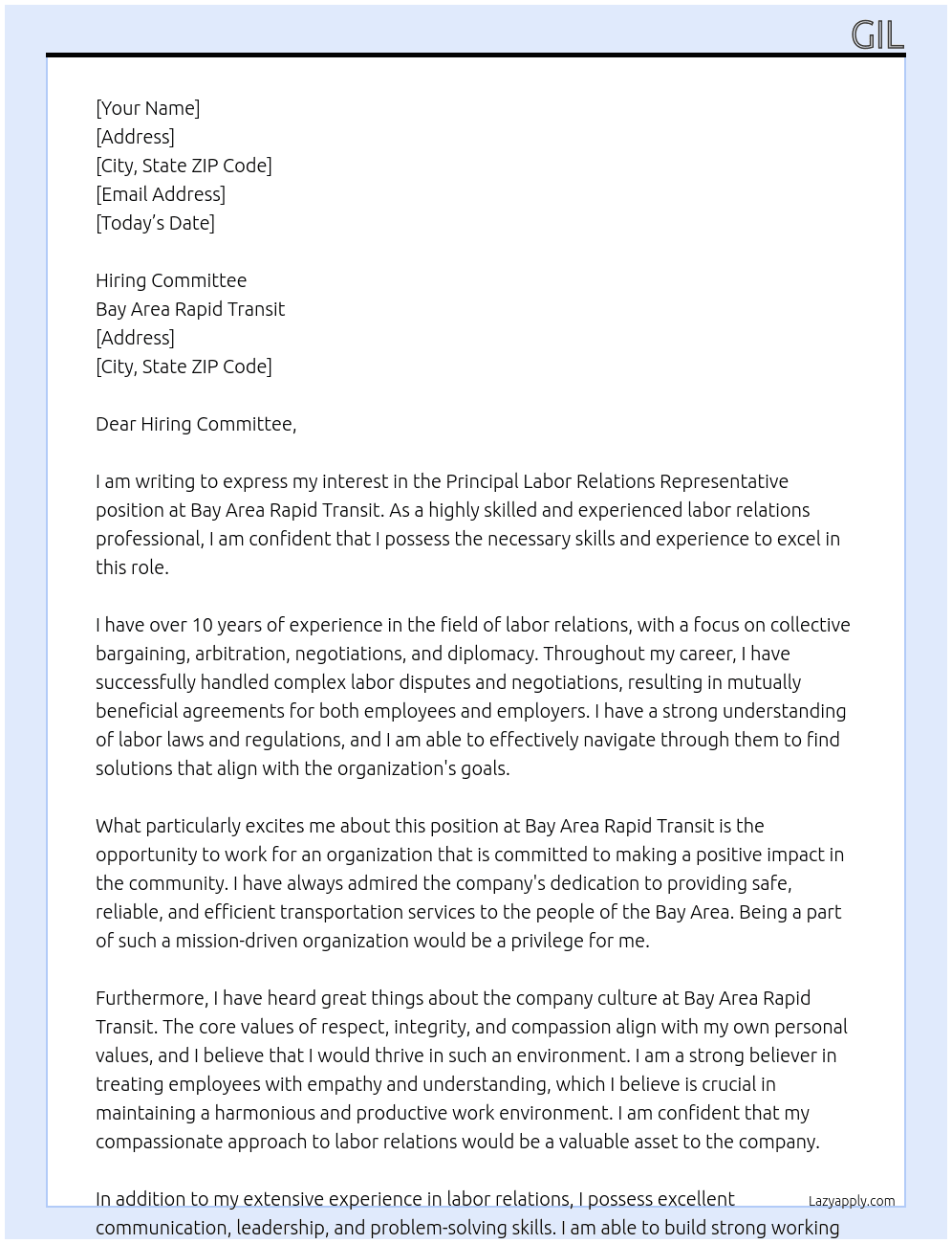 BART Career OpportunitiesSign in form is opened Principal Labor RelaPrincipal Labor Relations Representative At Bay Area Rapid Transit Cover Letter