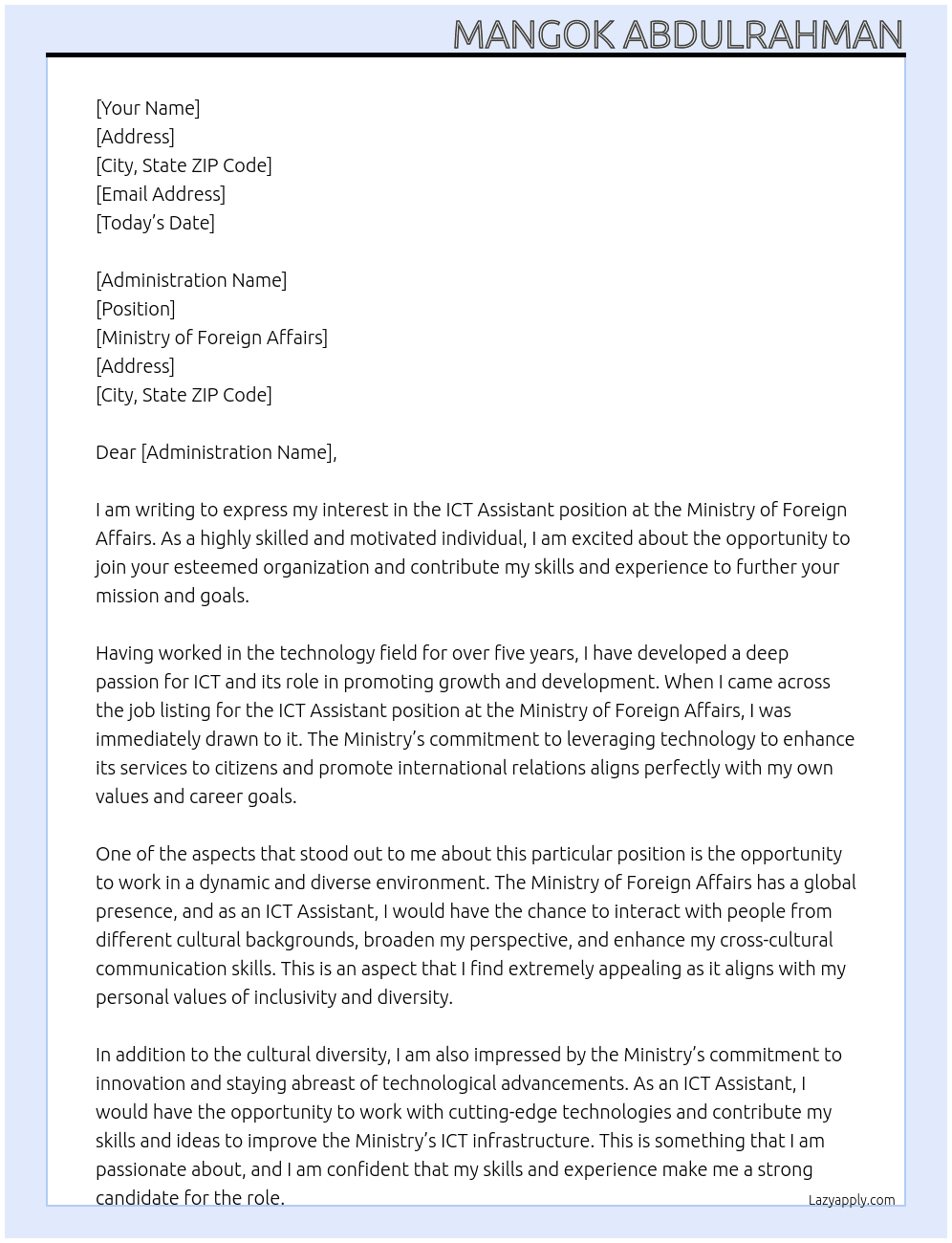 An ICT ASSISTANT  At Ministry of foreign affairs  Cover Letter