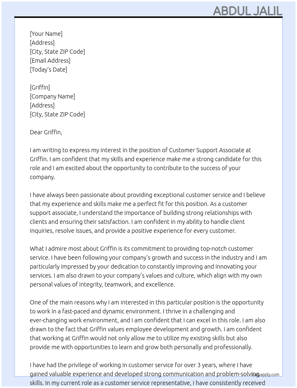 Customer Support Associate At Griffin Cover Letter