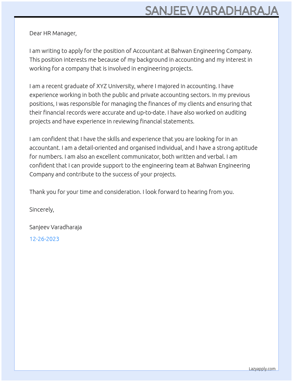 Accountant  At bahwan engineering company Cover Letter