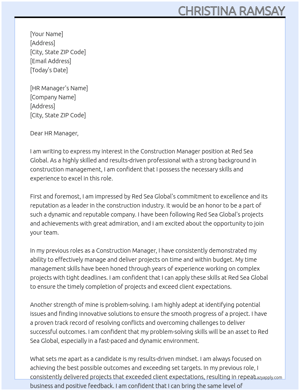 Construction Manager At Red Sea Global Cover Letter