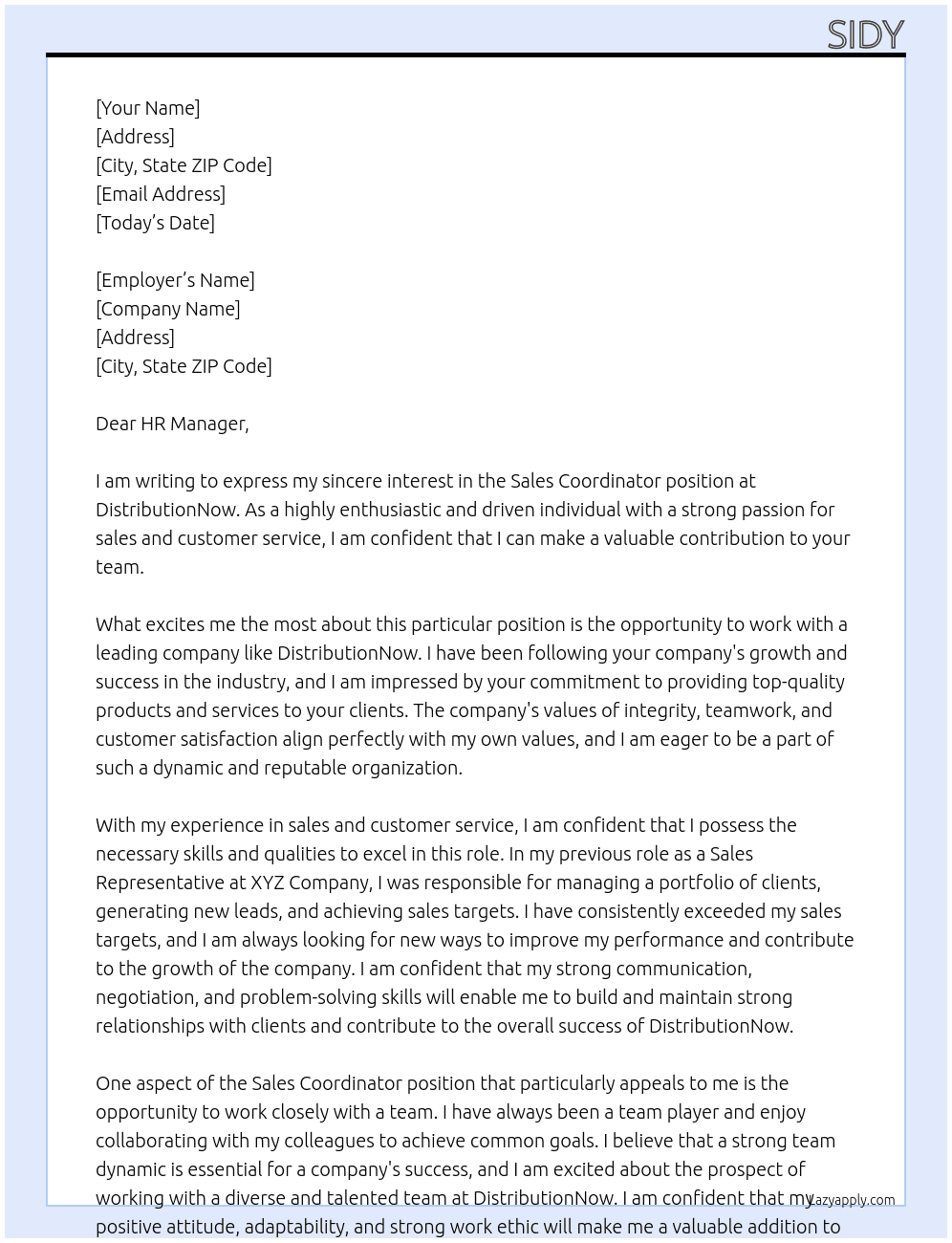Sales coordinator At DistributionNow Cover Letter
