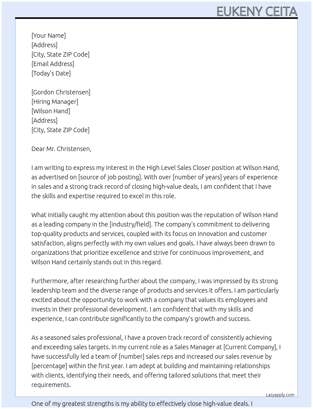 High Level Sales Closer At Wilson Hand Cover Letter