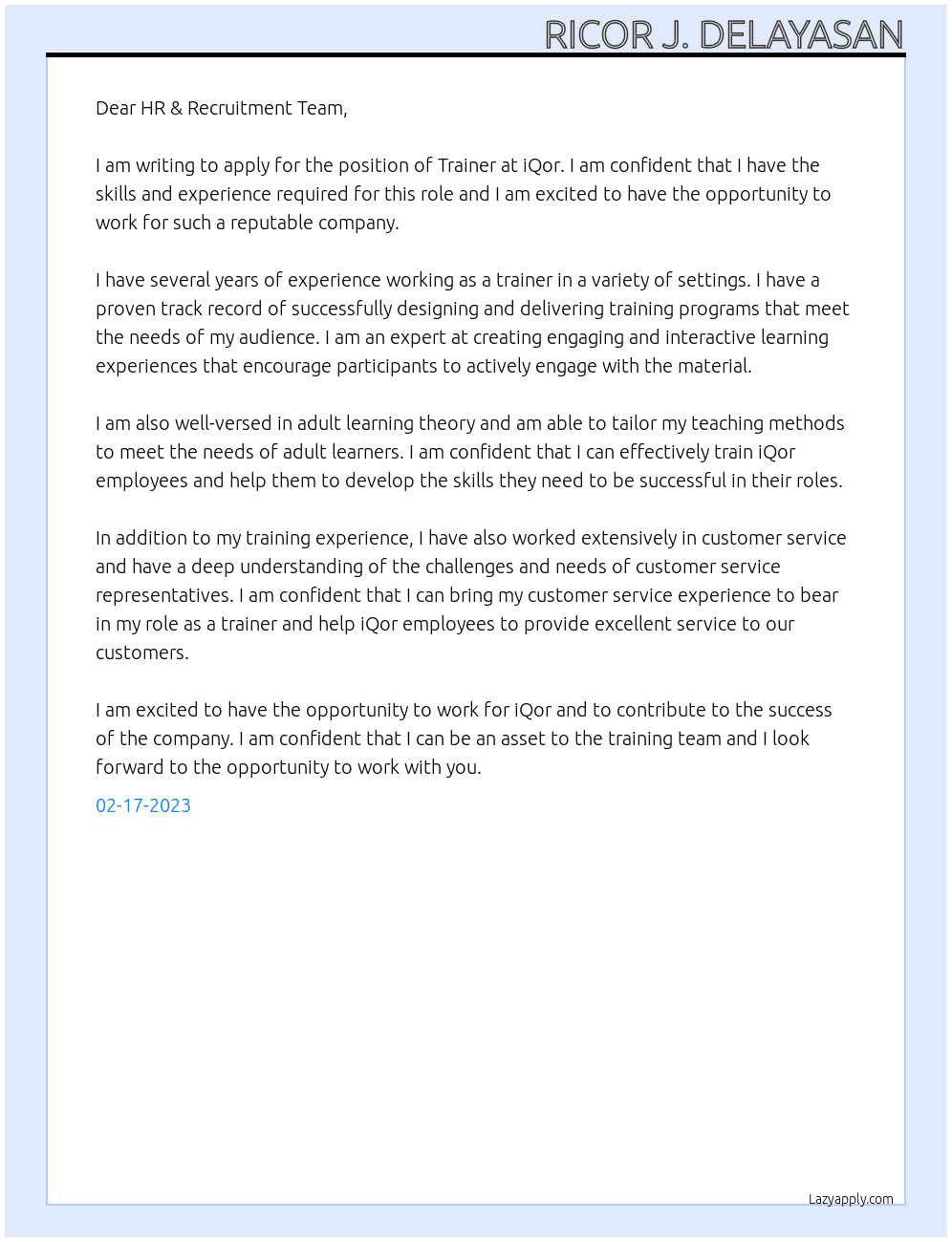 Trainer At iQor Cover Letter