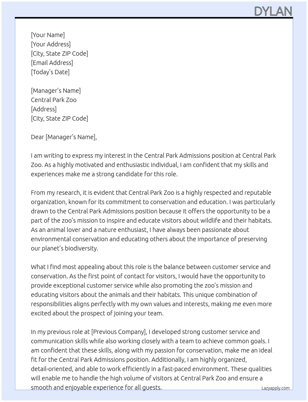  Central Park Admissions  At  Central Park Zoo Cover Letter