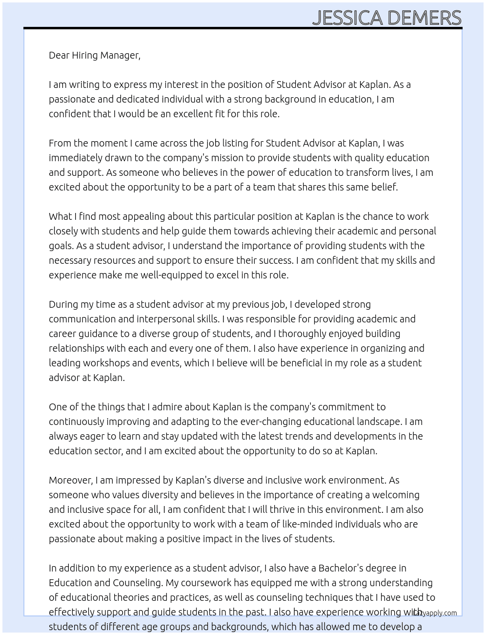 Student Advisor At Kaplan Cover Letter