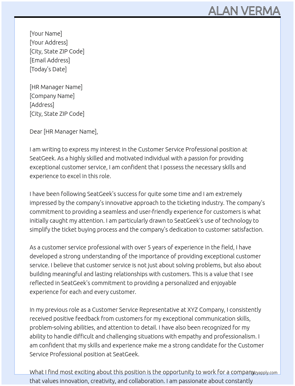 Customer Service Professional At SeatGeek Cover Letter