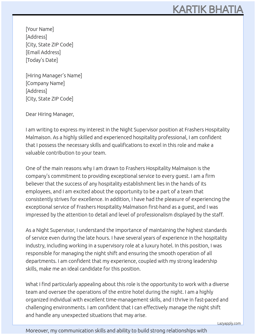 Cover letter for night supervisor - LazyApply