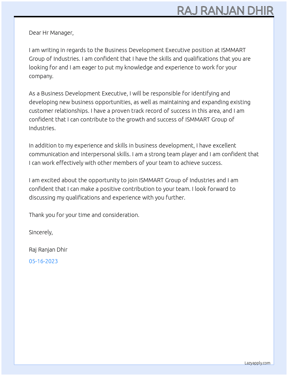 Business Development Executive At ISMMART Group of Industries Cover Letter