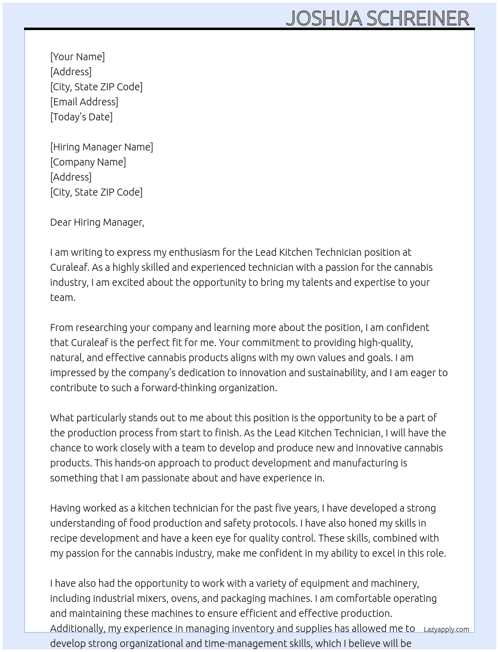 Lead Kitchen Technician  At Curaleaf  Cover Letter