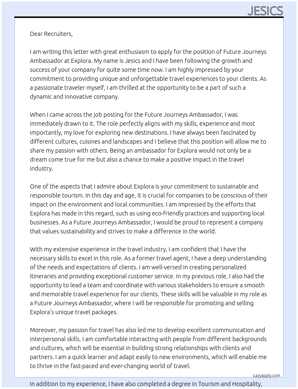 Future Journeys Ambassador At Explora Cover Letter