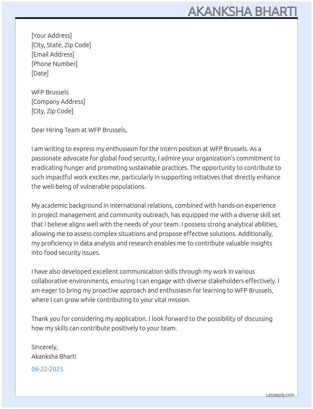 intern At WFP Brussels Cover Letter