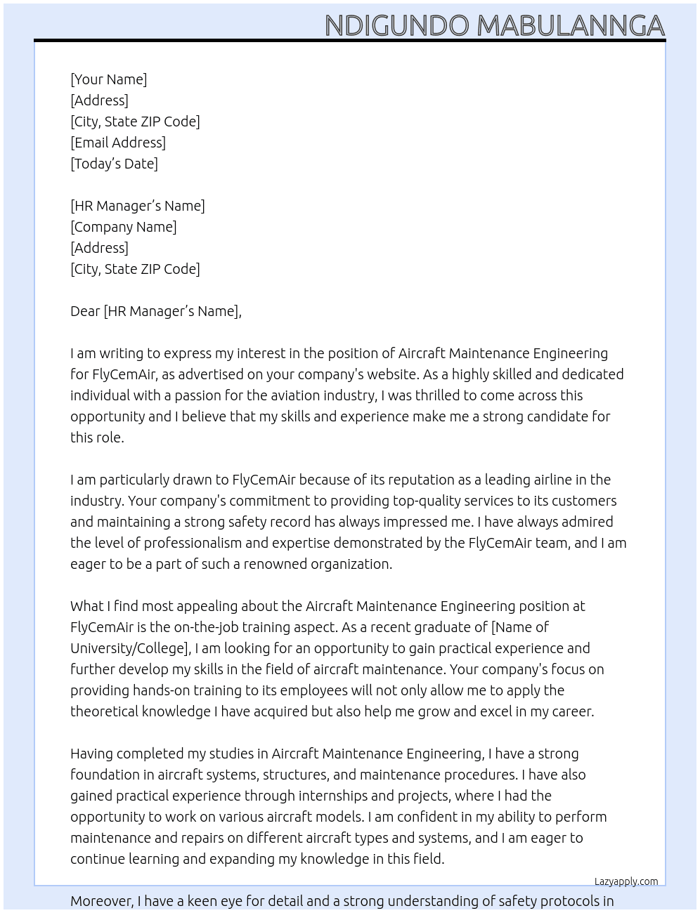 Aircraft Maintenance Engineering  At FlyCemAir Cover Letter