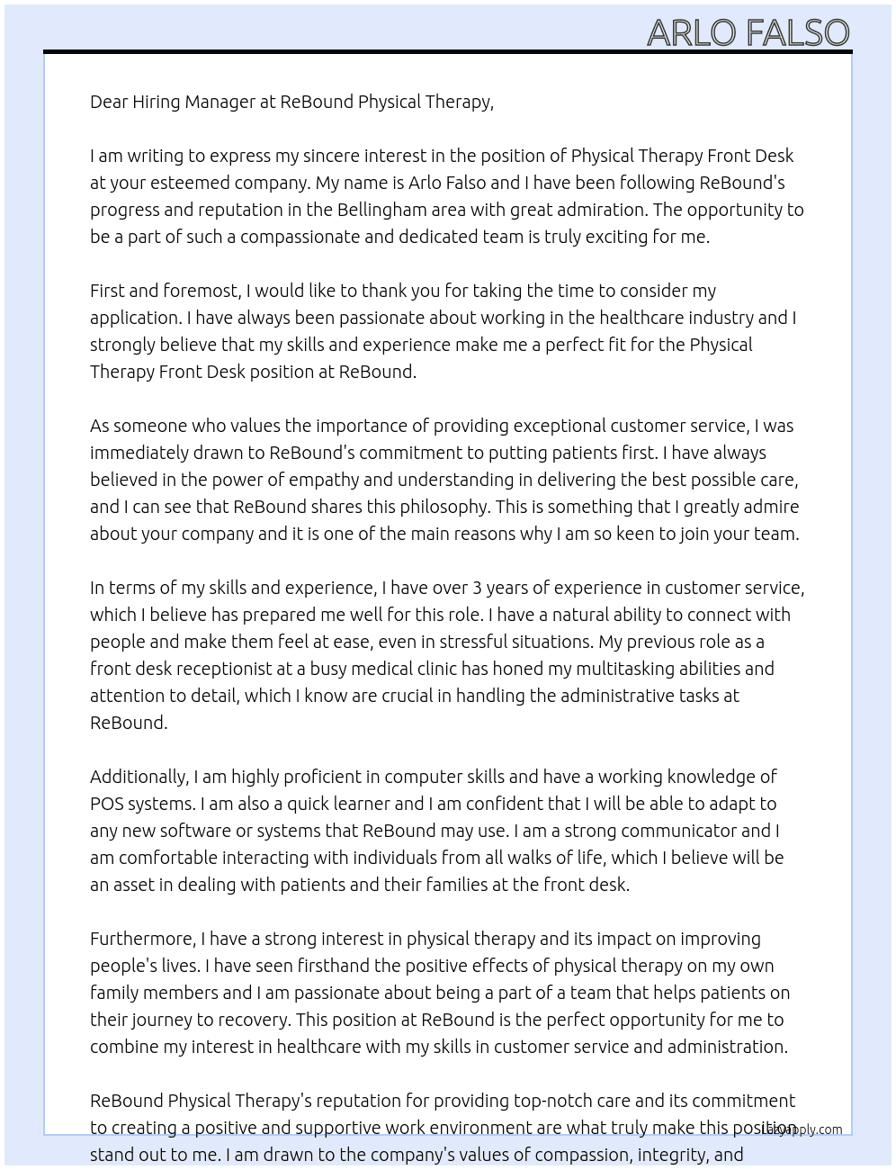 Physical Therapy Front Desk At ReBound Physical Therapy  Cover Letter