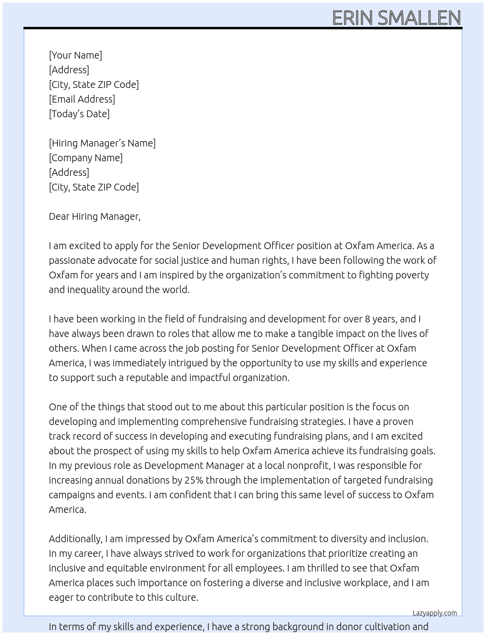 Senior Development Officer At Oxfam America Cover Letter
