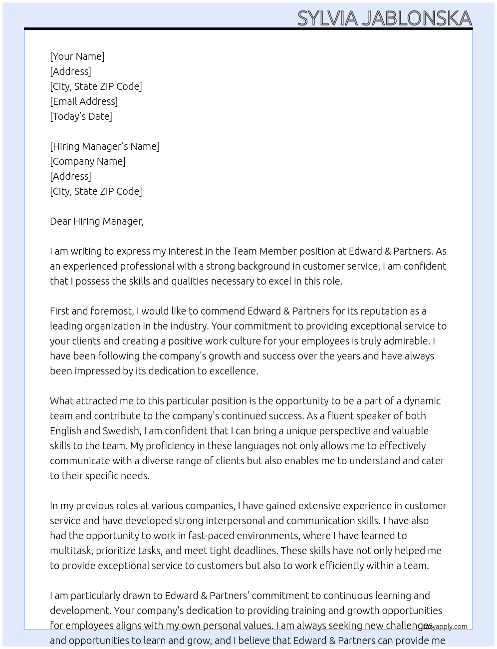 team member At Edward & Partners Cover Letter