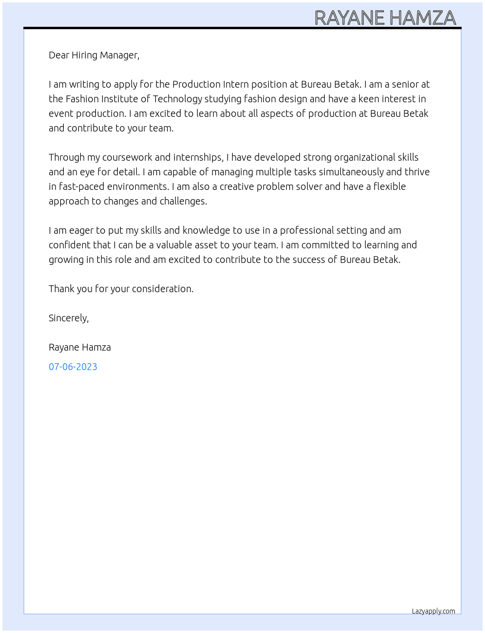 Production Intern   At Bureau Betak  Cover Letter