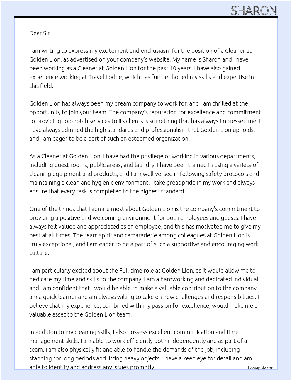 cleaner At Golden Lion Cover Letter