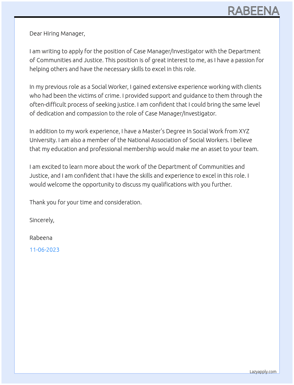 Case Manager/Investigator At Department of Communities and Justice Cover Letter