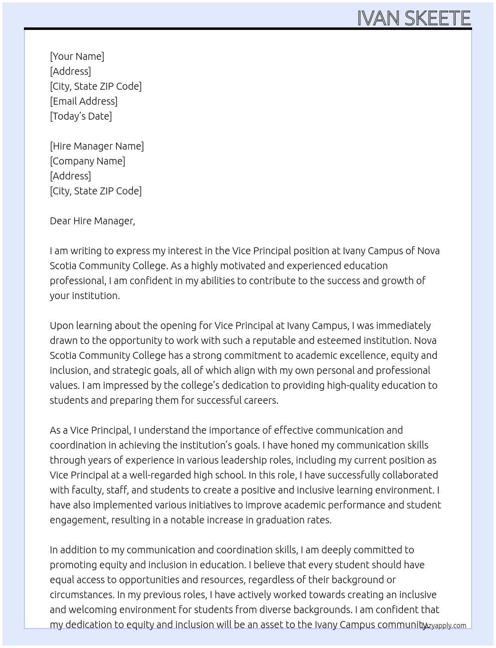 Vice Principal - Ivany Campus At Nova Scotia Community College Cover Letter