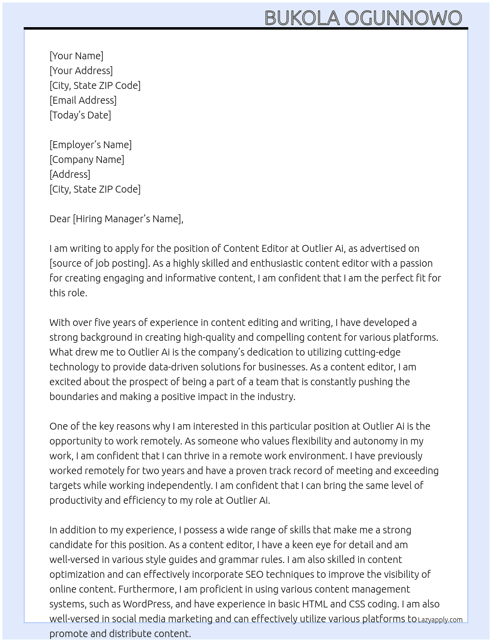 Content Editor At Outlier Ai  Cover Letter