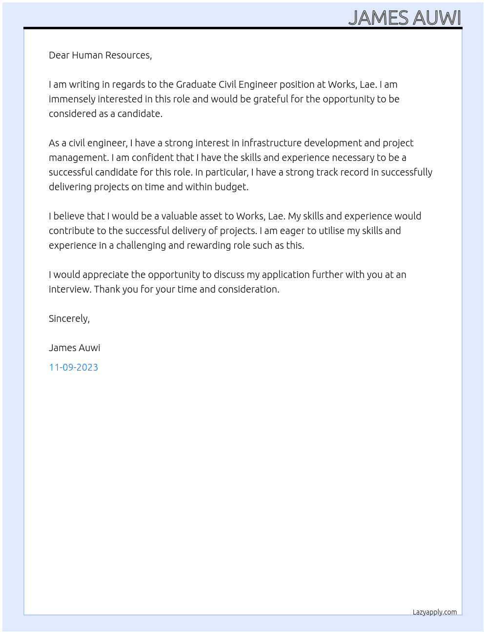 Graduate Civil Engineer At Works, Lae Cover Letter
