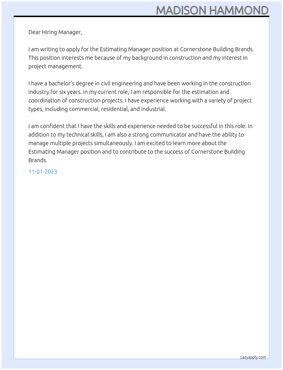 Estimating Manager At Cornerstone Building Brands Cover Letter