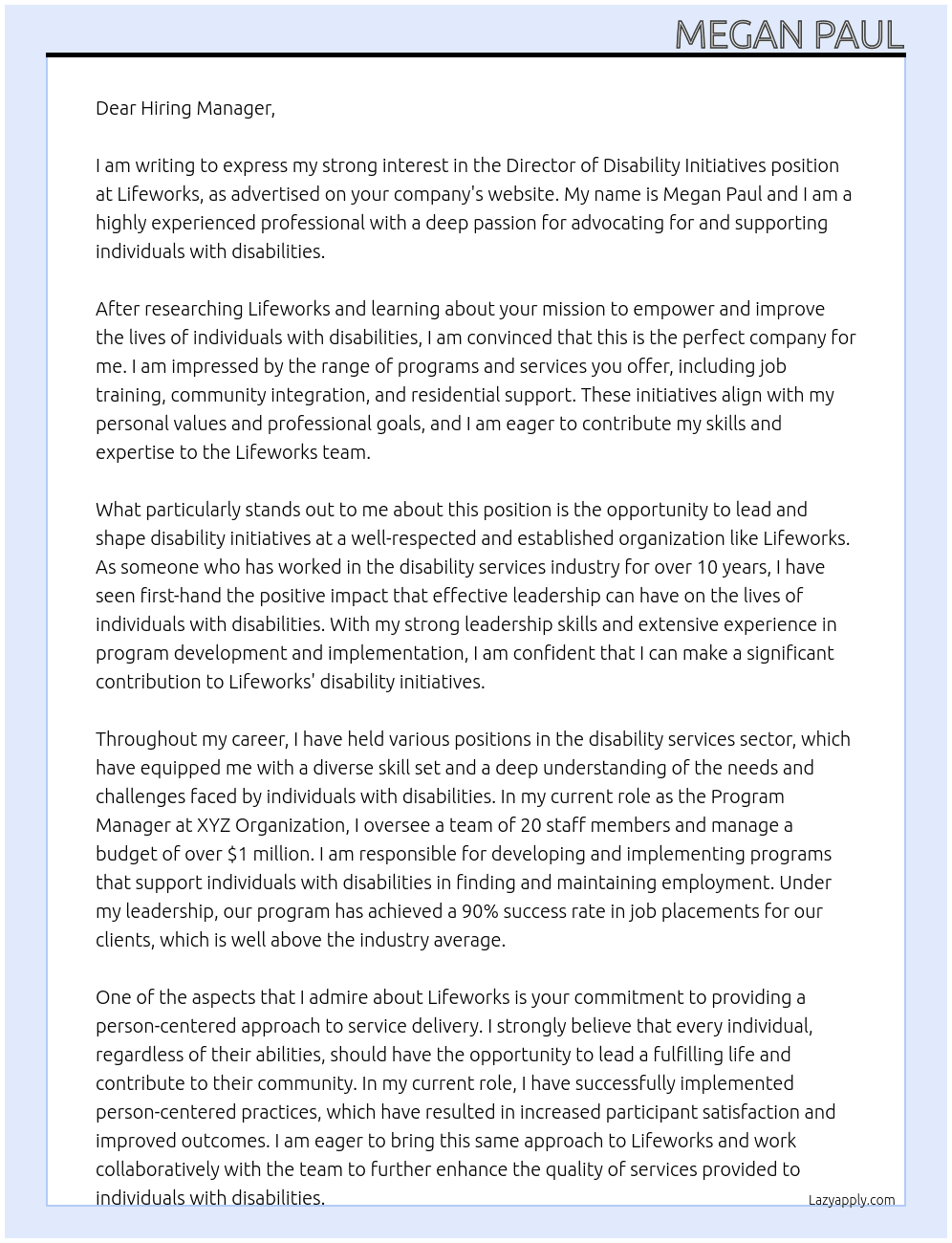 Director of Disability Intiatives At Lifeworks Cover Letter